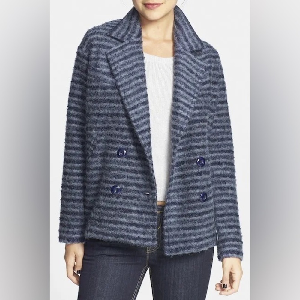 Elodie Navy Shadow Stripe Double Breasted Coat Women’s Size XS - 2 Side Pockets